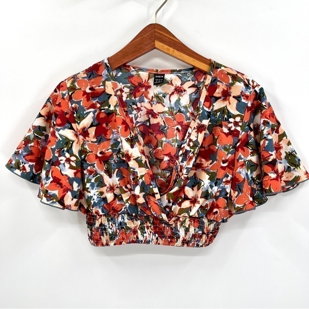SHEIN Woman's Orange & Beige Floral Short Sleeve Crop Top Size M